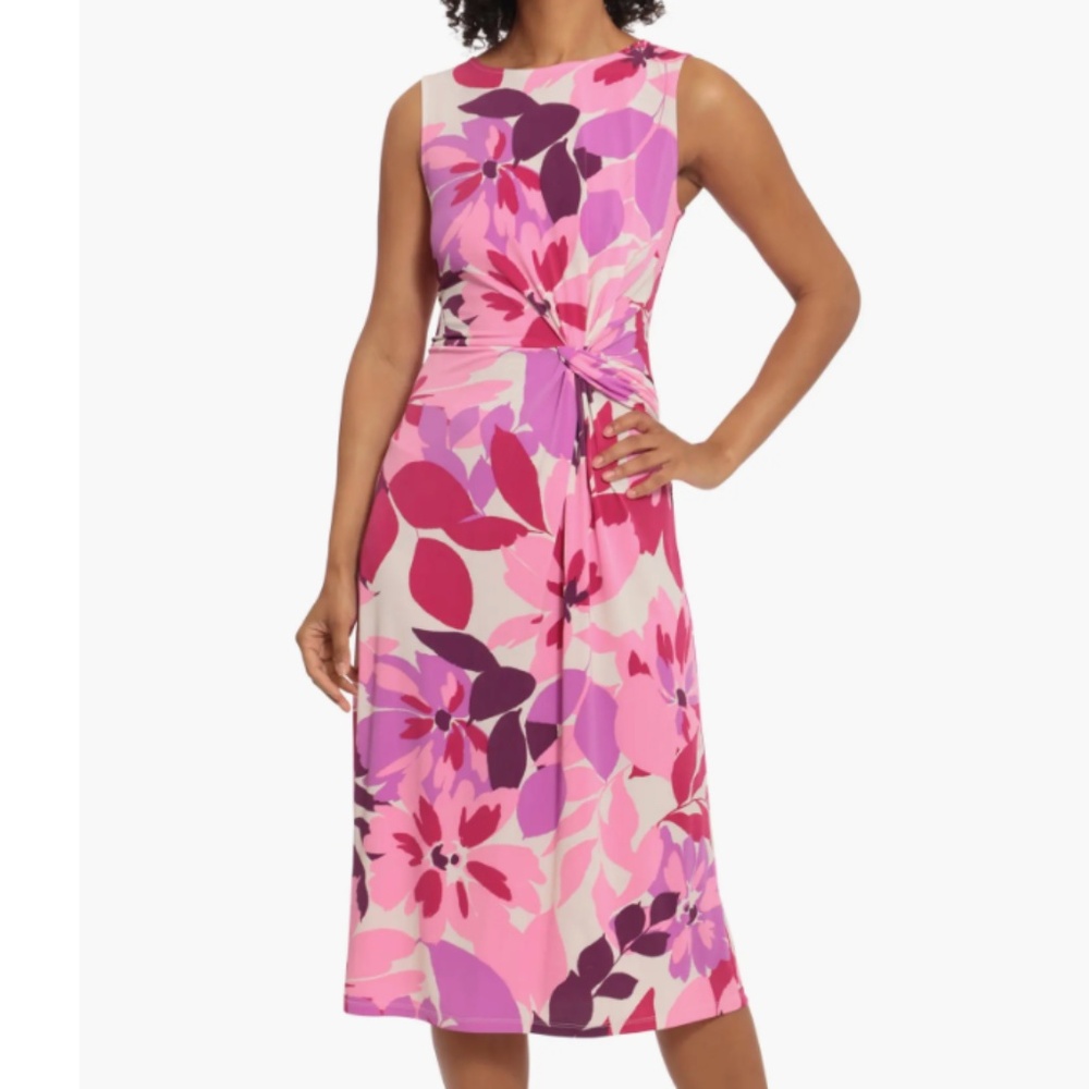 Maggy London XS Sleeveless Midi Side Twist Dress Size 2, CREAM CARMINE ROSE